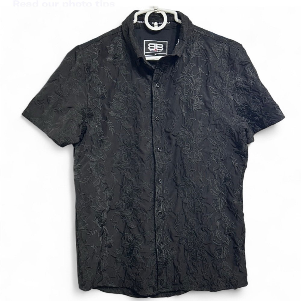 BENJAMIN BLACK Embroidered Elegant Black Floral Men's Shirt Button Up M